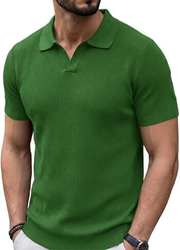Men's Knitted Short Sleeve Ribbed Polo Shirt Soft Casual Regular Fit Sweater in Saudi Arabia