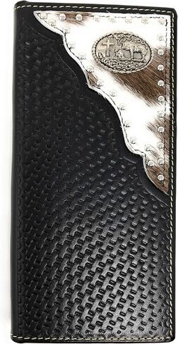 Texas West Western Men's Basketweave Genuine Leather Praying Cowboy Long Cowhide Stud Bifold Wallet (Brown) in Saudi Arabia