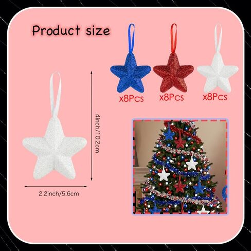 4th of July Star Hanging Decorations, 24 Pack Red White Blue Foam Stars, Lightweight Patriotic Hanging Ornaments for Independence Day Party, Veteran Day Home Decor in Saudi Arabia