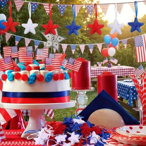4th of July Star Hanging Decorations, 24 Pack Red White Blue Foam Stars, Lightweight Patriotic Hanging Ornaments for Independence Day Party, Veteran Day Home Decor in Saudi Arabia