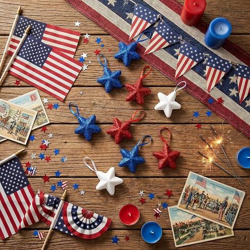 4th of July Star Hanging Decorations, 24 Pack Red White Blue Foam Stars, Lightweight Patriotic Hanging Ornaments for Independence Day Party, Veteran Day Home Decor in Saudi Arabia