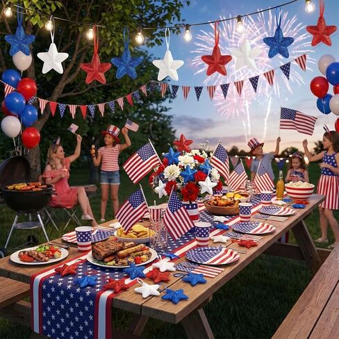 4th of July Star Hanging Decorations, 24 Pack Red White Blue Foam Stars, Lightweight Patriotic Hanging Ornaments for Independence Day Party, Veteran Day Home Decor in Saudi Arabia