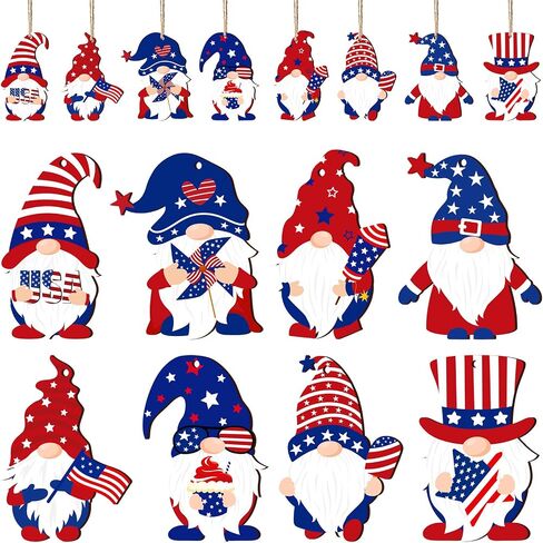 Capoda 4th of July Gnome Ornaments Independence Day Hanging Decorations Patriotic Tree Decor Wooden Red White and Blue Wooden Gnome Hanging Decoration for Independence Memorial Day Party(24 Pieces) in Kuwait
