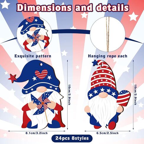 Capoda 4th of July Gnome Ornaments Independence Day Hanging Decorations Patriotic Tree Decor Wooden Red White and Blue Wooden Gnome Hanging Decoration for Independence Memorial Day Party(24 Pieces) in Kuwait