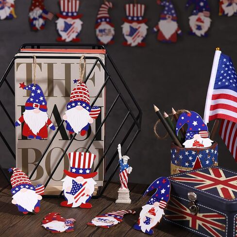 Capoda 4th of July Gnome Ornaments Independence Day Hanging Decorations Patriotic Tree Decor Wooden Red White and Blue Wooden Gnome Hanging Decoration for Independence Memorial Day Party(24 Pieces) in Kuwait