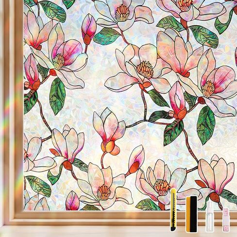 NINETREX Window Privacy Film, Stained Glass Floral Window Clings, Static Cling UV Blocking Vinyl, Rainbow Magnolia Decals, Non-Adhesive Heat Control for Bathroom Door 17.5 x 78.7 inches in Saudi Arabia