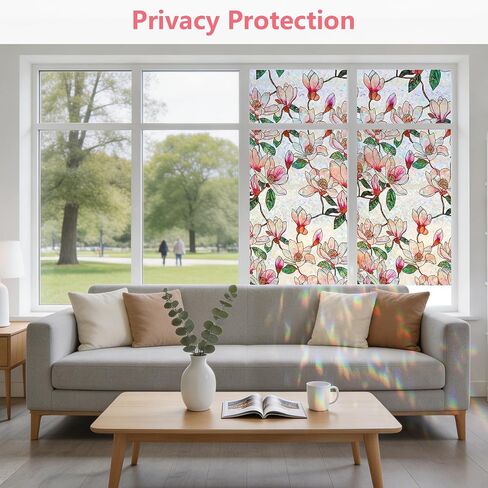 NINETREX Window Privacy Film, Stained Glass Floral Window Clings, Static Cling UV Blocking Vinyl, Rainbow Magnolia Decals, Non-Adhesive Heat Control for Bathroom Door 17.5 x 78.7 inches in Saudi Arabia