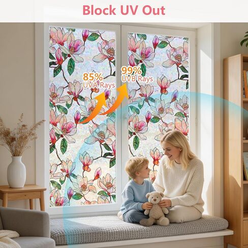 NINETREX Window Privacy Film, Stained Glass Floral Window Clings, Static Cling UV Blocking Vinyl, Rainbow Magnolia Decals, Non-Adhesive Heat Control for Bathroom Door 17.5 x 78.7 inches in Saudi Arabia