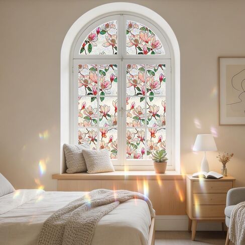 NINETREX Window Privacy Film, Stained Glass Floral Window Clings, Static Cling UV Blocking Vinyl, Rainbow Magnolia Decals, Non-Adhesive Heat Control for Bathroom Door 17.5 x 78.7 inches in Saudi Arabia