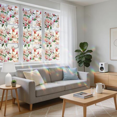 NINETREX Window Privacy Film, Stained Glass Floral Window Clings, Static Cling UV Blocking Vinyl, Rainbow Magnolia Decals, Non-Adhesive Heat Control for Bathroom Door 17.5 x 78.7 inches in Saudi Arabia