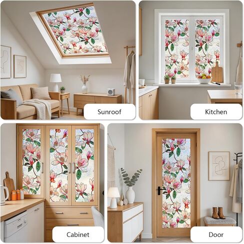 NINETREX Window Privacy Film, Stained Glass Floral Window Clings, Static Cling UV Blocking Vinyl, Rainbow Magnolia Decals, Non-Adhesive Heat Control for Bathroom Door 17.5 x 78.7 inches in Saudi Arabia