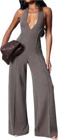 WDIRARA Women's Halter Jumpsuit Deep V Neck Sleeveless Backless Wide Leg Pants Romper in Kuwait