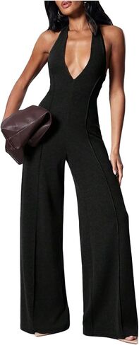WDIRARA Women's Halter Jumpsuit Deep V Neck Sleeveless Backless Wide Leg Pants Romper in Kuwait