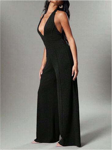 WDIRARA Women's Halter Jumpsuit Deep V Neck Sleeveless Backless Wide Leg Pants Romper in Kuwait