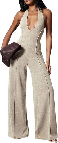 WDIRARA Women's Halter Jumpsuit Deep V Neck Sleeveless Backless Wide Leg Pants Romper in Kuwait