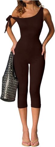 GORGLITTER Women's Tie Off The Shoulder Capri One Piece Jumpsuit Asymmetrical Sleeveless Skinny Cropped Romper in Kuwait
