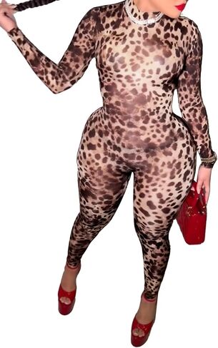 XZLUFNY Leopard Print Jumpsuits for Women Long Sleeve Crew Neck Bodycon One Piece Outfits in Saudi Arabia