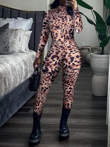 XZLUFNY Leopard Print Jumpsuits for Women Long Sleeve Crew Neck Bodycon One Piece Outfits in Saudi Arabia