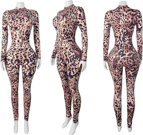XZLUFNY Leopard Print Jumpsuits for Women Long Sleeve Crew Neck Bodycon One Piece Outfits in Saudi Arabia