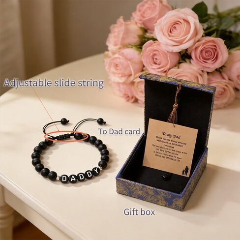 Black Beaded Bracelets for Dad Birthday Gift for Dad from Daughter Son Adjustable Mens Present with Daddy Patterns Cool Father’s day Anniversary Thanksgiving Christmas gifts for Man in Saudi Arabia
