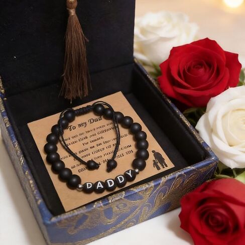 Black Beaded Bracelets for Dad Birthday Gift for Dad from Daughter Son Adjustable Mens Present with Daddy Patterns Cool Father’s day Anniversary Thanksgiving Christmas gifts for Man in Saudi Arabia