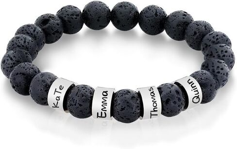 Handmade Men's Personalized Beaded Bracelet with Kids' Names Engraved on Gold or Silver Stainless Steel Beads with 10mm Natural Lava Rock,Yellow Tiger's Eye, Red Agate or Black Obsidian in Kuwait