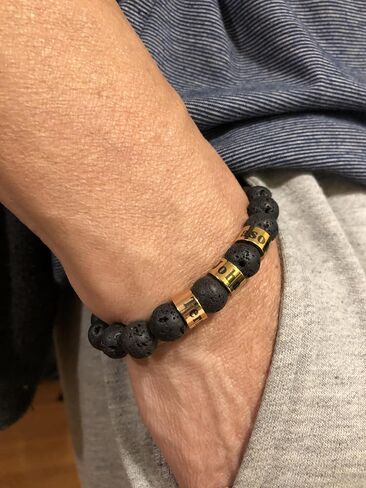 Handmade Men's Personalized Beaded Bracelet with Kids' Names Engraved on Gold or Silver Stainless Steel Beads with 10mm Natural Lava Rock,Yellow Tiger's Eye, Red Agate or Black Obsidian in Kuwait