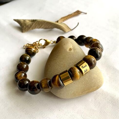 Handmade Men's Personalized Beaded Bracelet with Kids' Names Engraved on Gold or Silver Stainless Steel Beads with 10mm Natural Lava Rock,Yellow Tiger's Eye, Red Agate or Black Obsidian in Kuwait