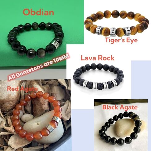Handmade Men's Personalized Beaded Bracelet with Kids' Names Engraved on Gold or Silver Stainless Steel Beads with 10mm Natural Lava Rock,Yellow Tiger's Eye, Red Agate or Black Obsidian in Kuwait