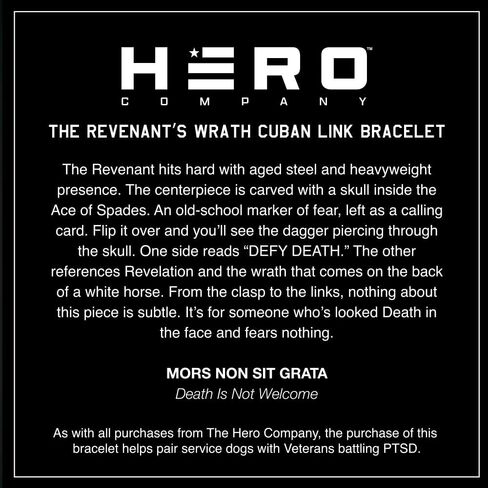 Hero Company Cuban Link Bracelet for Men - ‘Revenant’s Wrath Ace of Spades’ Men’s Stainless Steel Bracelet - Helps Pair Veterans With A Service Dog or Shelter Dog in Saudi Arabia