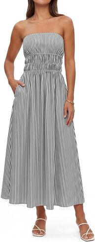 Waist Wow Women Striped Strapless Maxi Dress Casual Smocked Tube Top Long Dresses Beach Vacation Flowy Sundress with Pocket in Saudi Arabia