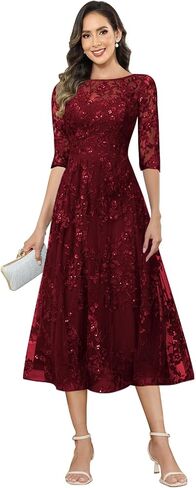 Bolodoo A-Line Mother of The Bride Dress Sequin Tulle Lace Applique Tea Length 3/4 Sleeves Formal Wedding Guest Dress in Saudi Arabia