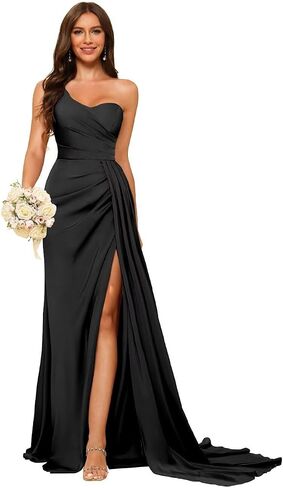 Women's One Shoulder Long Bridesmaid Dress with Slit Satin Mermaid Maxi Formal Prom Party Dress LE017 in Saudi Arabia