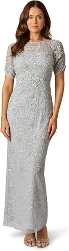 Adrianna Papell Women's Beaded Mesh Evening Gown - Floor Length Gala Dress with Beaded Floral Motifs & Back Slit in Kuwait