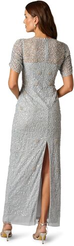 Adrianna Papell Women's Beaded Mesh Evening Gown - Floor Length Gala Dress with Beaded Floral Motifs & Back Slit in Kuwait