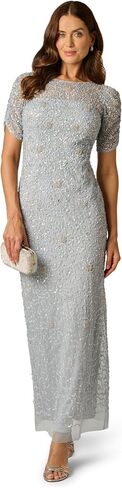 Adrianna Papell Women's Beaded Mesh Evening Gown - Floor Length Gala Dress with Beaded Floral Motifs & Back Slit in Kuwait