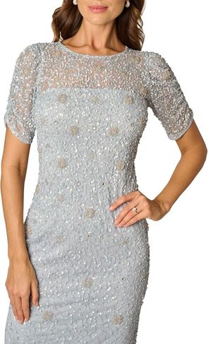 Adrianna Papell Women's Beaded Mesh Evening Gown - Floor Length Gala Dress with Beaded Floral Motifs & Back Slit in Kuwait