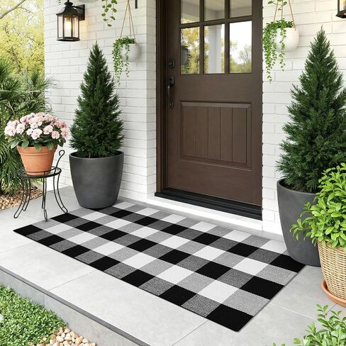 KOZYFLY Buffalo Plaid Area Rugs 2x4.3 Ft Black and White Rug Washable Front Door Mat Woven Cotton Indoor Outdoor Rug for Front Porch Kitchen Entryway Patio Farmhouse Checkered Doormat in Saudi Arabia