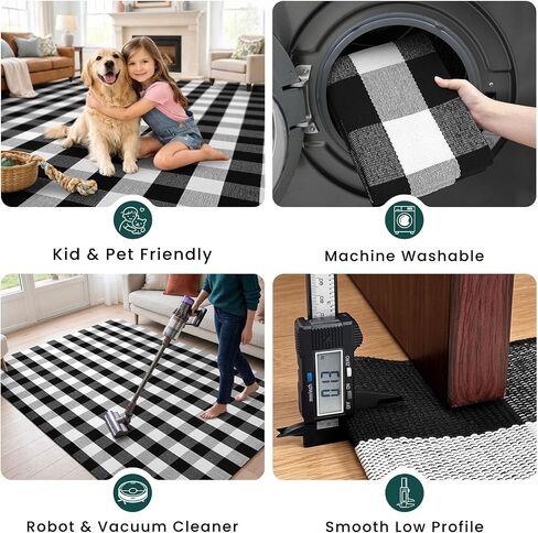KOZYFLY Buffalo Plaid Area Rugs 2x4.3 Ft Black and White Rug Washable Front Door Mat Woven Cotton Indoor Outdoor Rug for Front Porch Kitchen Entryway Patio Farmhouse Checkered Doormat in Saudi Arabia