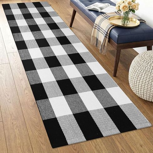 KOZYFLY Buffalo Plaid Area Rugs 2x4.3 Ft Black and White Rug Washable Front Door Mat Woven Cotton Indoor Outdoor Rug for Front Porch Kitchen Entryway Patio Farmhouse Checkered Doormat in Saudi Arabia