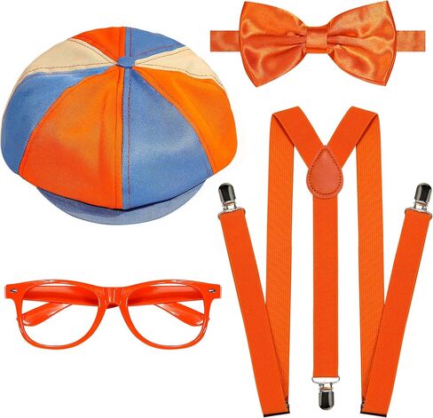 4PCS Halloween Costume Accessories Set for Adults - Blue & Orange Hat, Orange Suspender, Bow-tie and Glasses for Men Women Themed Party Dress Up in Saudi Arabia