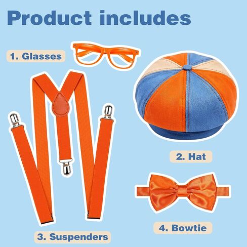 4PCS Halloween Costume Accessories Set for Adults - Blue & Orange Hat, Orange Suspender, Bow-tie and Glasses for Men Women Themed Party Dress Up in Saudi Arabia