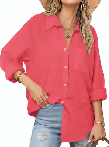 Esabel.C Womens Oversized Button Down Shirts Long Sleeve Dress Shirts Wrinkle Free Solid Blouses Tops with Pockets in Saudi Arabia