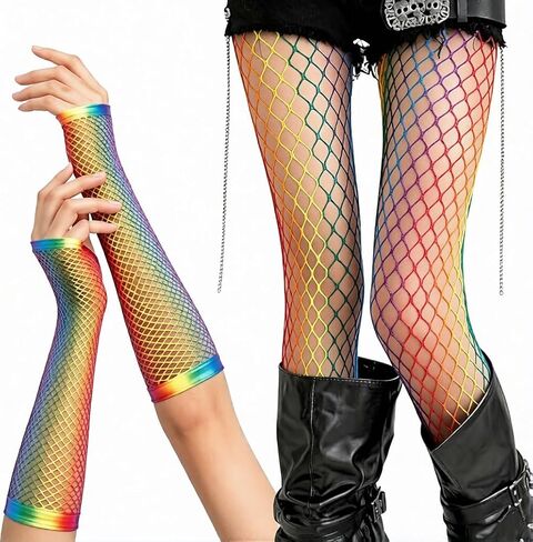 Rainbow Fishnets,Pride Rainbow Fishnets Stockings Tights, Fishnet Gloves And Tights Set for Women, Pride Party Costume Fingerless Arm Sleeves Stockings in Saudi Arabia