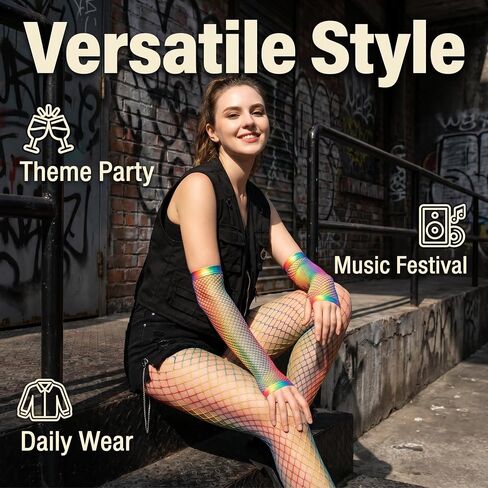 Rainbow Fishnets,Pride Rainbow Fishnets Stockings Tights, Fishnet Gloves And Tights Set for Women, Pride Party Costume Fingerless Arm Sleeves Stockings in Saudi Arabia