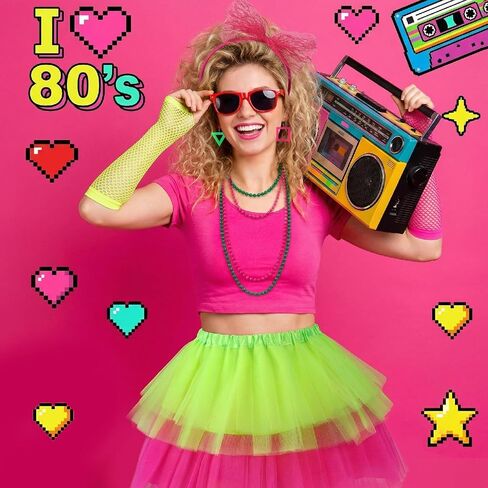 7 قطعة 80s توتو تنورة زي اكسسوارات مجموعة للنساء مع النيون توتو قفازات قلادة أقراط عقال ل 80s تحت عنوان الطرف in Kuwait