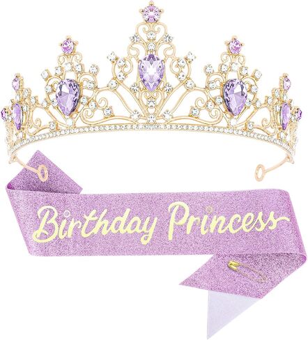 Birthday Crown Princess Tiara and Sash Set Purple Crystal Gold Tone for Women Girls Birthday Party Photo Shoot Costume Accessory in Saudi Arabia