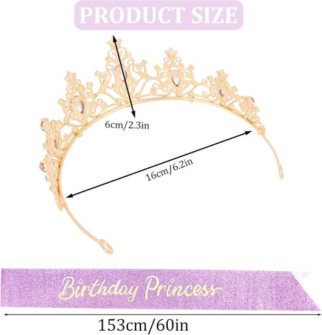 Birthday Crown Princess Tiara and Sash Set Purple Crystal Gold Tone for Women Girls Birthday Party Photo Shoot Costume Accessory in Saudi Arabia