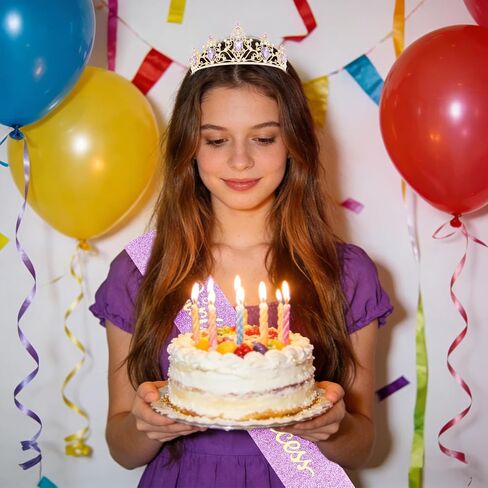Birthday Crown Princess Tiara and Sash Set Purple Crystal Gold Tone for Women Girls Birthday Party Photo Shoot Costume Accessory in Saudi Arabia