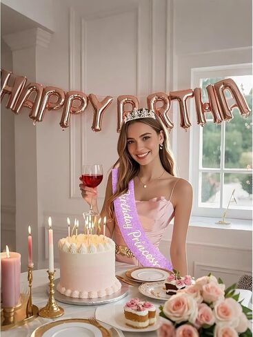 Birthday Crown Princess Tiara and Sash Set Purple Crystal Gold Tone for Women Girls Birthday Party Photo Shoot Costume Accessory in Saudi Arabia